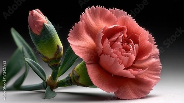 Fototapeta Elegant coral pink carnation flower in full bloom with unopened bud against dark gradient background, botanical photography with dramatic lighting