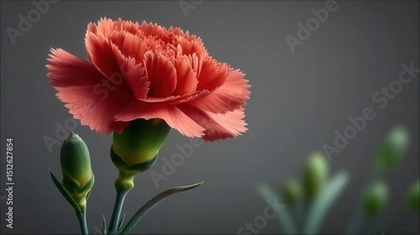 Fototapeta Vibrant coral pink carnation flower in full bloom against dark gray background with green stem and unopened bud, dramatic studio lighting for floral photography with free copy space