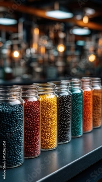 Fototapeta Vibrant colorful beads in glass jars arranged in row on dark counter with warm blurred restaurant or craft workshop lighting in background