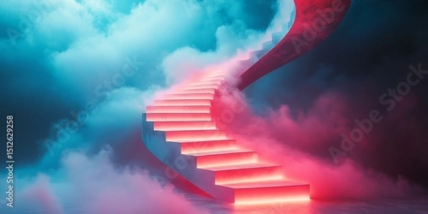 Obraz Minimalistic rainbow staircase ascending through clouds with vibrant pink, red, and blue hues in a surreal sky setting