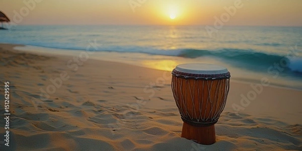 Obraz A djembe drum standing on sandy beach during sunset with ocean waves in the background