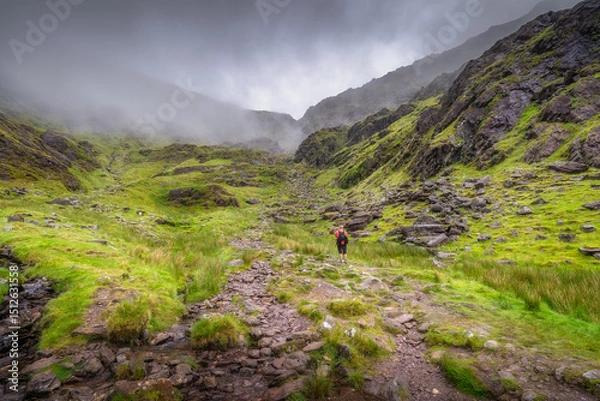 Obraz A solitary hiker explores a misty Carrauntoohil mountain and valley where rocky cliffs meet vibrant green grass, creating a tranquil and atmospheric landscape, Kerry, Ireland