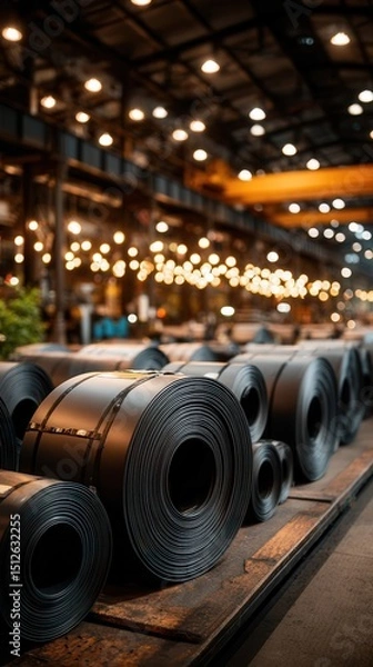 Fototapeta Industrial steel coils stacked in manufacturing warehouse with warm overhead lighting and bokeh effect, metal production facility showing raw materials for construction industry
