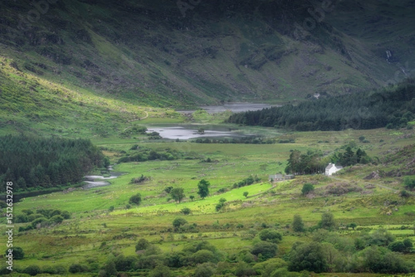 Obraz A breathtaking and stunning view showcases vibrant green of Black Valley and rolling hills, with a charming white cottage nestled peacefully in a tranquil landscape, Kerry, Ireland