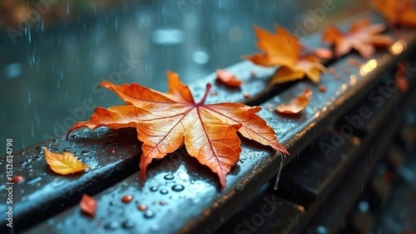 Obraz close single orange maple leaf resting black bench leaf center its stem leaves visible background blurred appears rainy day raindrops falling sky leaves scattered around bench overlapping colors