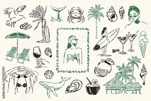 Fototapeta La Dolce Vita vector doodle collection. Coastal lifestyle. Mediterranean life. Italian summer doodles.