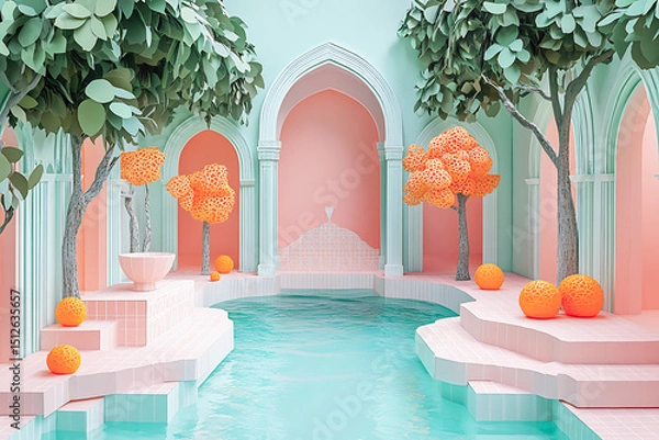 Fototapeta Stylish pastel-hued patio with an arched architectural design surrounding a pool.