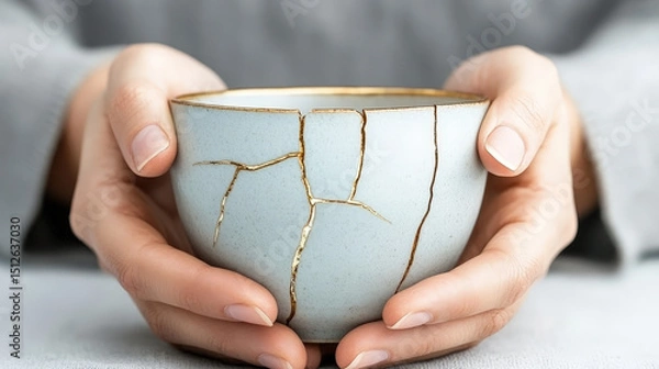 Fototapeta Woman is holding a broken and repaired ceramic mug, showcasing the japanese art of kintsugi, where broken pottery is mended with lacquer dusted or mixed with powdered gold, silver, or platinum