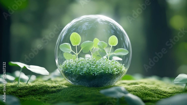 Fototapeta Seedlings are growing inside a glass terrarium placed on a patch of moss in a forest, creating a miniature ecosystem and symbolizing environmental conservation and sustainability