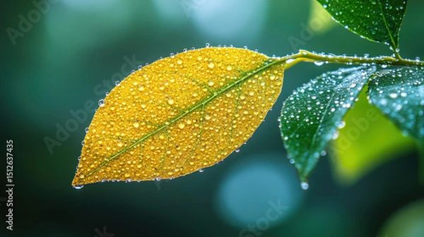 Fototapeta Macro close-up of a yellow leaf covered in tiny dew drops on a branch with green leaves in the background, creating a beautiful natural scene with a blurred bokeh effect