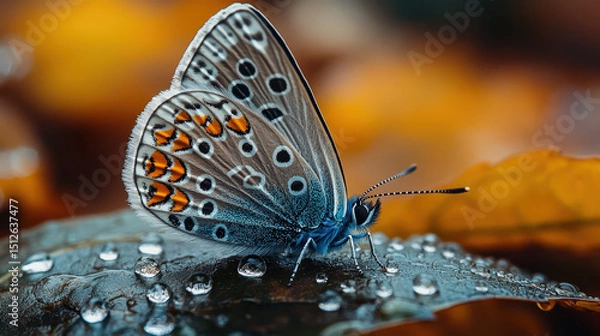 Fototapeta Macro photograph featuring a vibrant butterfly with intricate orange and black wings resting on a dew-covered leaf, set against a softly blurred autumn background