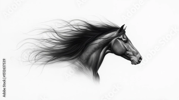 Fototapeta Hyperrealistic pencil drawing capturing a majestic black stallion, mane flowing gracefully in the wind, embodying power, elegance, and the spirit of freedom in nature