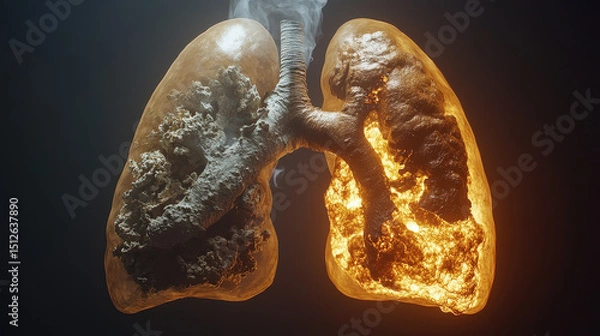 Fototapeta Smoke is coming out from a pair of damaged human lungs, creating a realistic 3d illustration of the effects of smoking on respiratory health