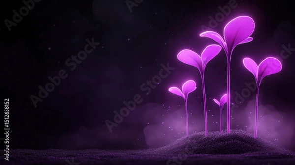 Fototapeta Fantasy illustration of glowing purple microgreens growing from a small mound of dark earth with a dark, starry sky and purple haze in the background