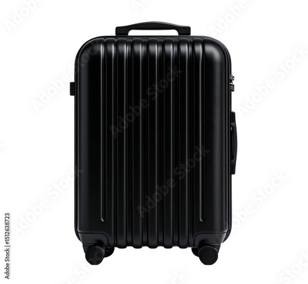 Fototapeta Black hard shell suitcase with wheels and handle for travel organization and convenience