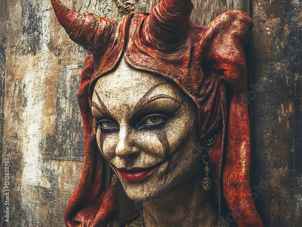 Obraz Intriguing character in elaborate costume with horns, standing against weathered wood backdrop, showcasing artistic design and theatrical makeup