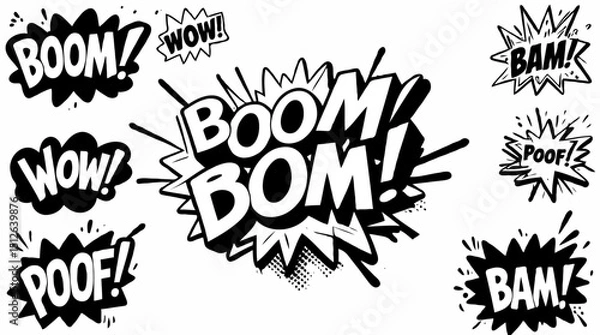 Fototapeta Vector comic explosion element set with boom pow wow doodle illustration
