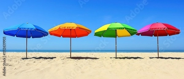Fototapeta Beach row four vibrant sun umbrellas