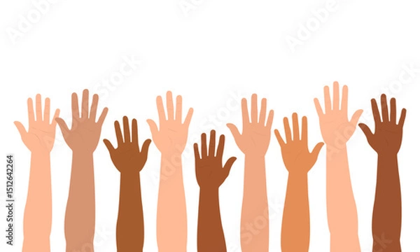 Fototapeta Diverse, Multi-Ethnic Human Hands Raised Up Isolated on White Background. Vector Illustration
