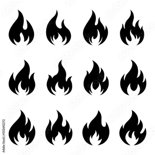 Fototapeta Black Fires Silhouettes, Fire Flames Icons Set, Isolated On White Background. Vector Illustration