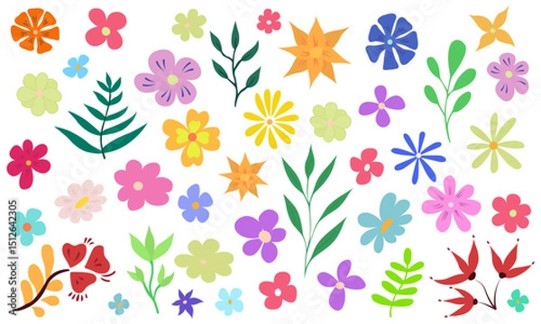 Fototapeta Set Of Cartoon Spring Flowers, Green Leaves, Plants, Isolated On White Background. Vector Illustration