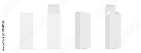 Fototapeta Set Of Rectangular Tall Packaging Boxes Mockups, Front and Side View, Opened and Closed Lid, Isolated On White Background. Vector Illustration