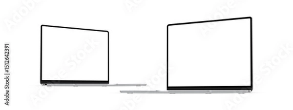 Fototapeta Two Modern Silver Laptops Mockups, Blank Screens, Side Perspective View, Isolated On White Background. Vector Illustration