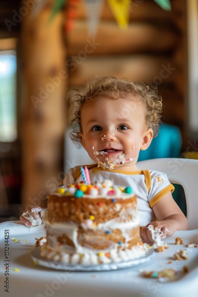 Obraz Adorable toddler celebrates with a cake smash! Smiles, frosting, and birthday candles create a precious moment of pure joy.