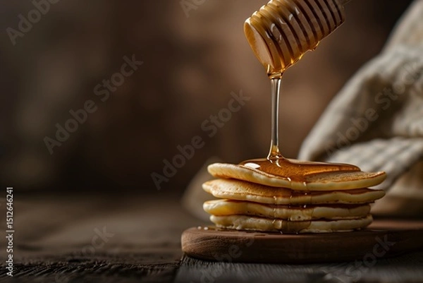 Fototapeta Golden honey drizzles from a dipper onto a stack of warm pancakes, creating a delicious and inviting breakfast scene. Rustic charm & indulgence.