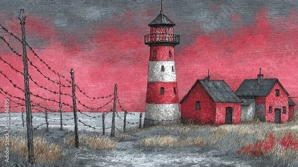 Fototapeta Lighthouse stands by the shore with red sky and dramatic clouds during twilight