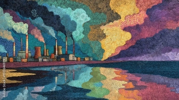 Fototapeta Colorful industrial landscape reflecting on water during twilight, showcasing vibrant skies and emissions from factories