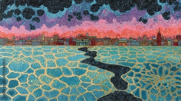 Fototapeta Colorful abstract landscape depicting a frozen lake with a winding path and city skyline at sunset
