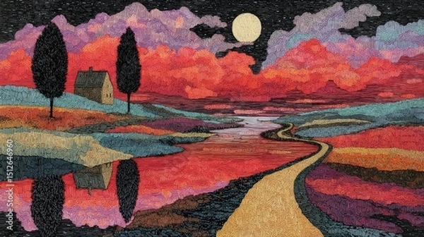 Fototapeta Colorful landscape with a winding path, reflections, and a vibrant sunset sky over water
