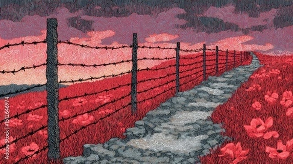 Fototapeta Vibrant pathway through a field of flowers under a colorful sky at sunset
