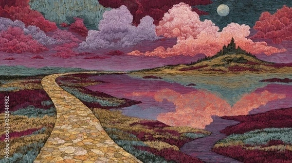 Fototapeta Vibrant landscape featuring a winding path beside a serene body of water at twilight