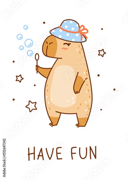 Obraz Cute сartoon capybara with hat and soap bubbles isolated on white background - funny animal for Your happy summer greeting card design
