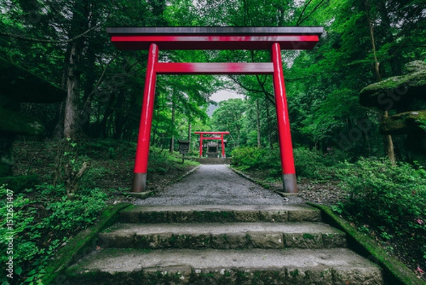 Obraz  箱根の緑に映える公時神社の美しい鳥居と参道　神奈川県箱根町