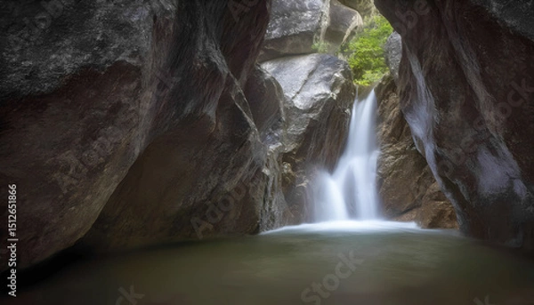Obraz A small waterfall with milky white water falls into a natural pool surrounded by the rocky walls of the gorge.