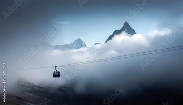 Obraz The cable car with a cabin moves above the clouds, partially hiding the mountain peaks