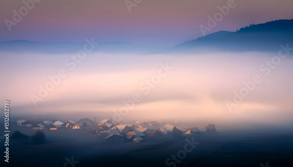 Obraz A view from above of a village partially hidden by thick morning fog that stretches across the valley between the hills
