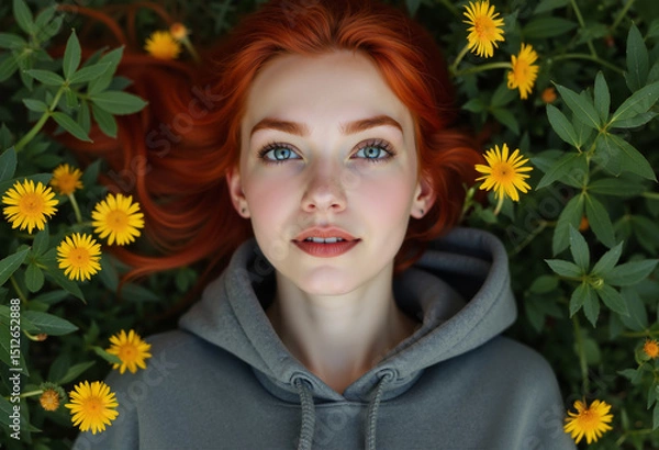 Obraz A portrait of a young woman lying in a meadow surrounded by flowers.