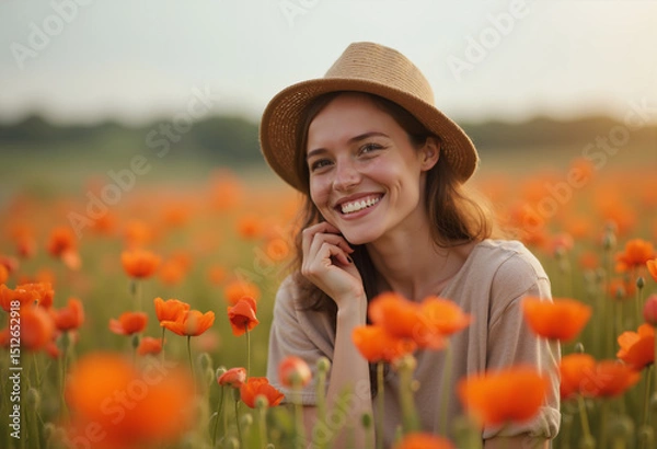 Obraz A depiction of a young lady in a field, surrounded by blossoms.