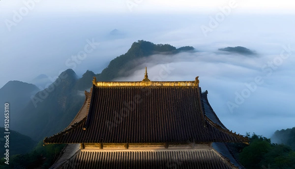 Obraz Aerial view of dark tiled roof of traditional Chinese temple illuminated at edges with mountains in background,