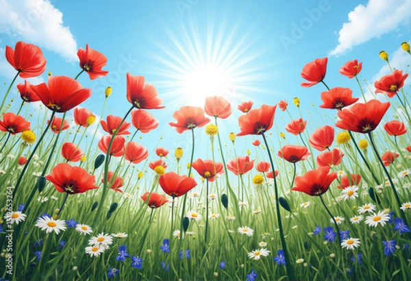 Obraz Red poppy flowers in a summer field create a beautiful landscape.