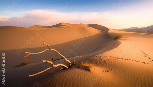Obraz Golden sand dunes stretch under a blue sky with pink clouds at sunset.