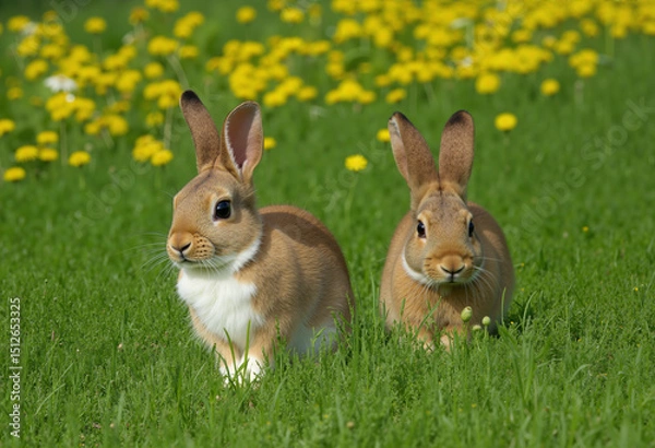 Obraz two cute rabbits sitting in a forest glade full of dandelions and looking with raised ears