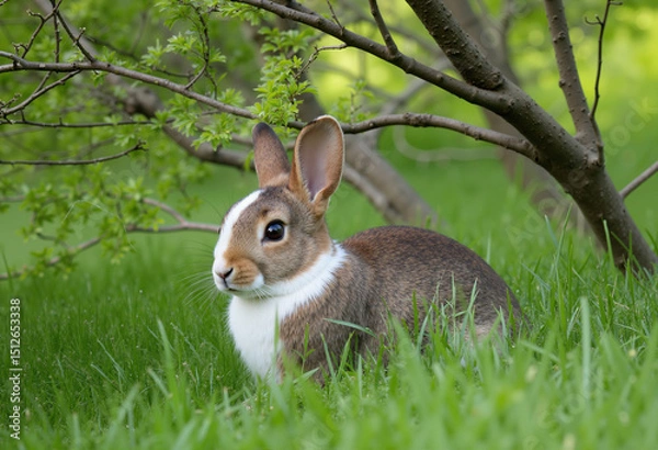 Obraz cute rabbit in the forest glade sits on the grass under tree branch and looks with raised ears
