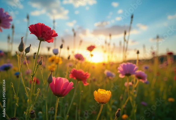 Obraz A field of flowers in the beautiful sunset.