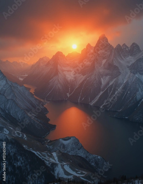 Obraz A beautiful northern landscape at sunset, with snow-covered mountains and a lake.