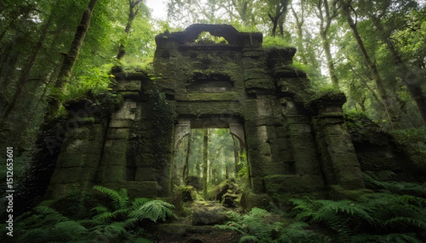 Obraz An ancient stone gate covered with moss and lichen stands in the middle of a dense green forest with tall trees and ferns.